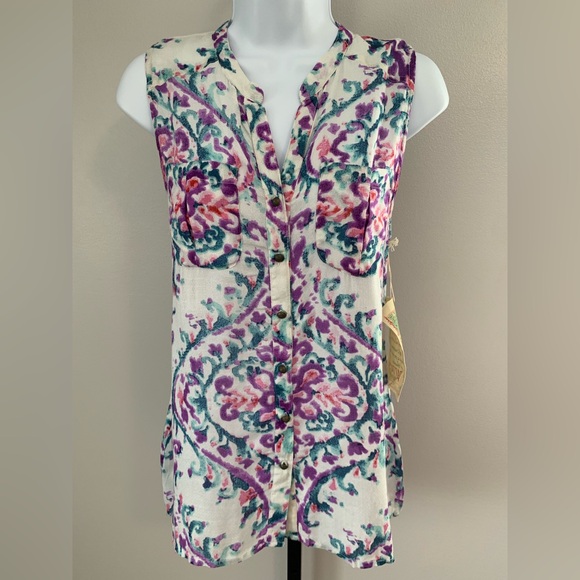 NWOT Aratta Cream Sleeveless Button DownTank with Purple & Teal Print - Picture 15 of 16